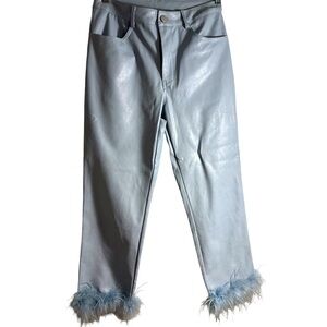 Le Lis Light Blue Pleather Capri Pant with Feather Trim